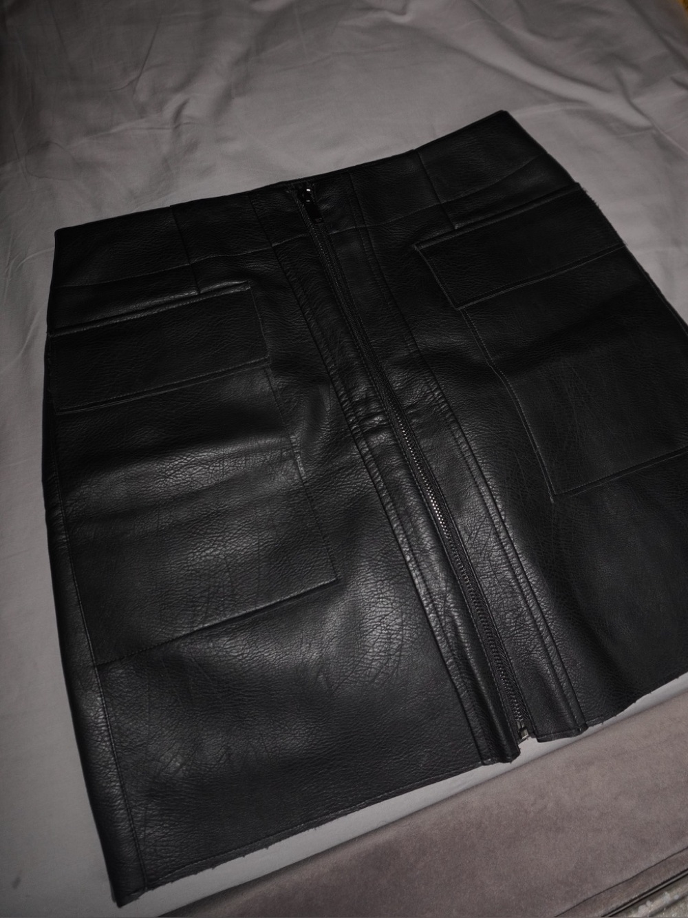 Black Faux Leather Front-Zip Mini Skirt
